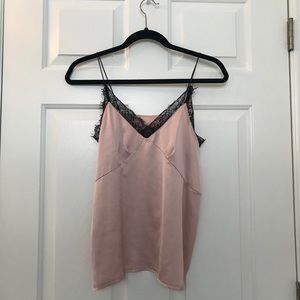 baby pink satin cami with black lace trim